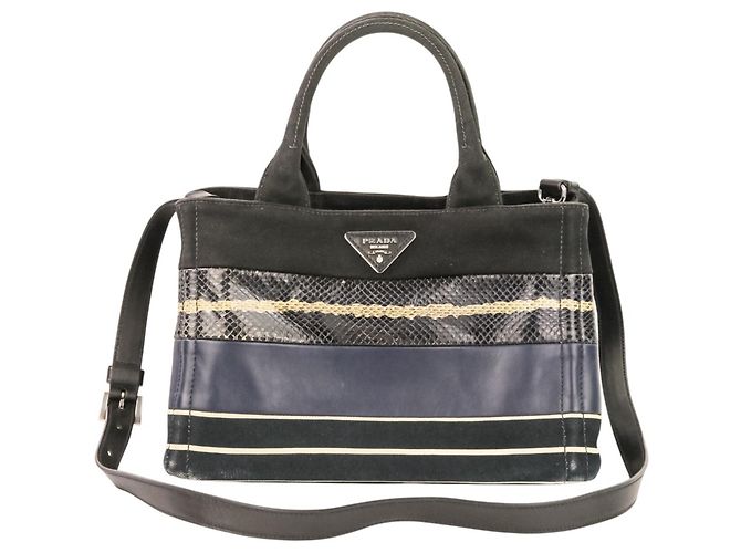 PRADA Mini Bolsa de Mão/Shoulder em Canapa Patchwork Preto Azul marinho