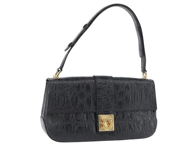 Borsa in pelle nera e oro Gancini Croco Embossed Salvatore Ferragamo Auth 176066A Nero D'oro