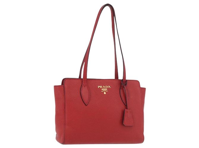 PRADA Vittero Bolsa Tote de Couro Vermelha Dourada Auth ka3868 Vermelho Dourado
