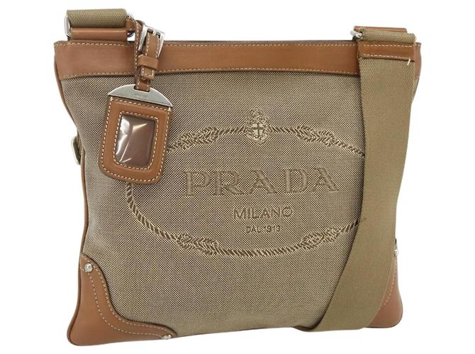 PRADA Shoulder Bag Canvas Beige Silver Auth ka3997 Silvery