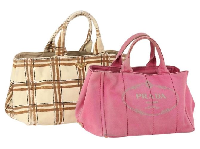 PRADA Bolsa Canapa de Lona 2 Set Rosa Beige Auth 174968
