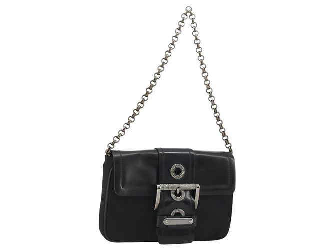 PRADA Chain Shoulder Bag Nylon Brown Silver Auth 175639A Silvery