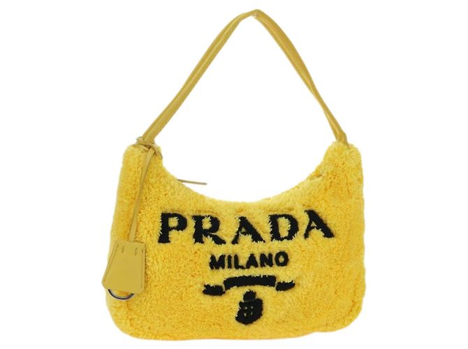 Bolso de Mano PRADA Pile Amarillo Plata Auth YKZ1313M