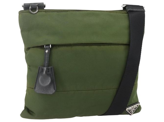 PRADA Schultertasche Nylon Grün Silber Authentisch 175332