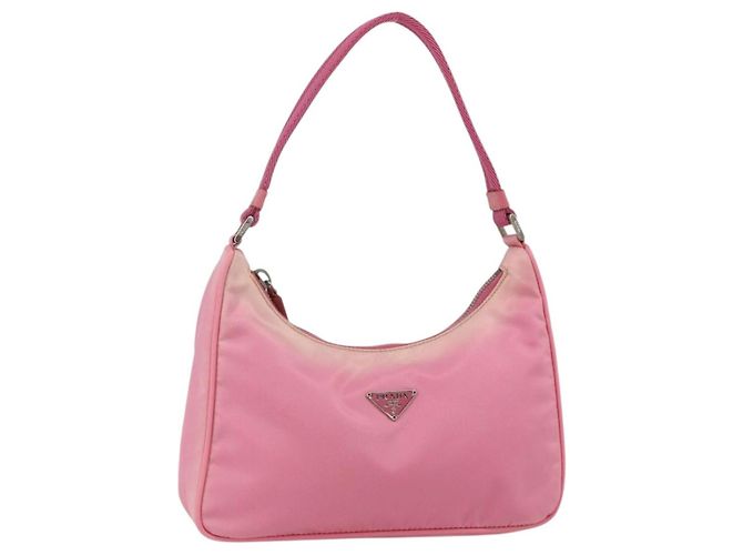 PRADA Bolsa Pouch de Nylon Rosa Prata Auth 175327