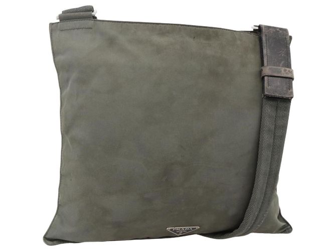 PRADA Schultertasche Nylon Grau Silber Authentisch 175700 Braun