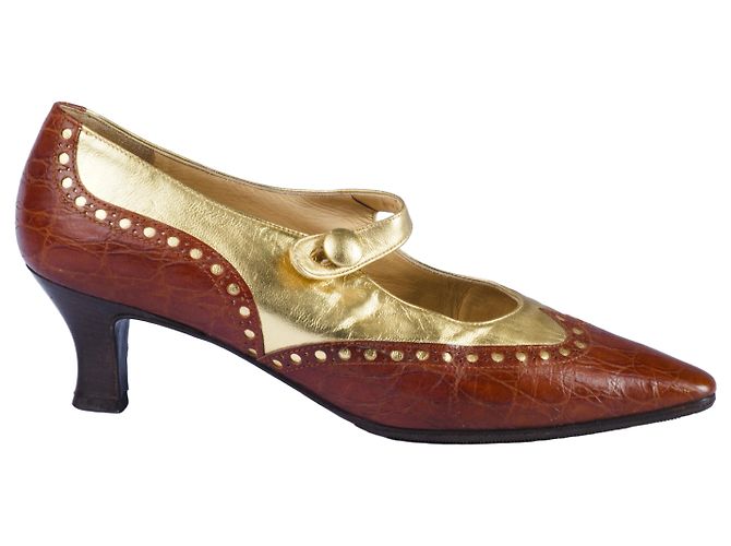 Prada Brown Croc-Embossed Leather Mary Jane Pumps