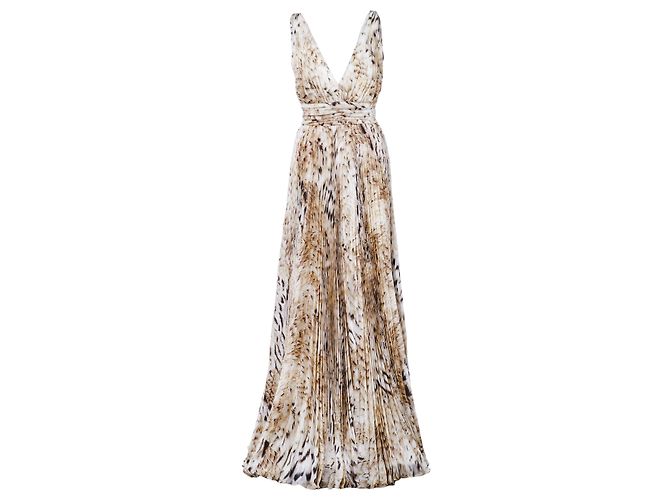 Vestido Maxi de Seda Estampada Roberto Cavalli Bege