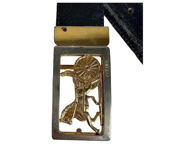 Céline Ceinture en cuir noir embossée serpent Vintage Celine Paris