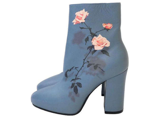Dries Van Noten Fall 2019 Rose Print Ankle Boots Blue