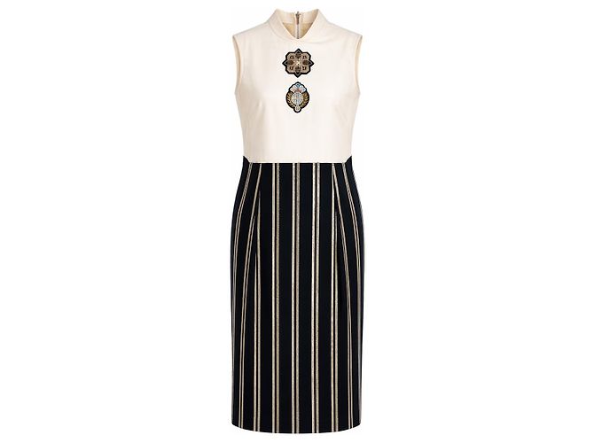 Dries Van Noten Ärmelloses Midi Kleid Schwarz und Creme Beige Golden