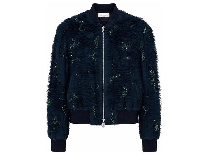Dries Van Noten Bomber Jacket Navy Blue Sequins Ruffles Green