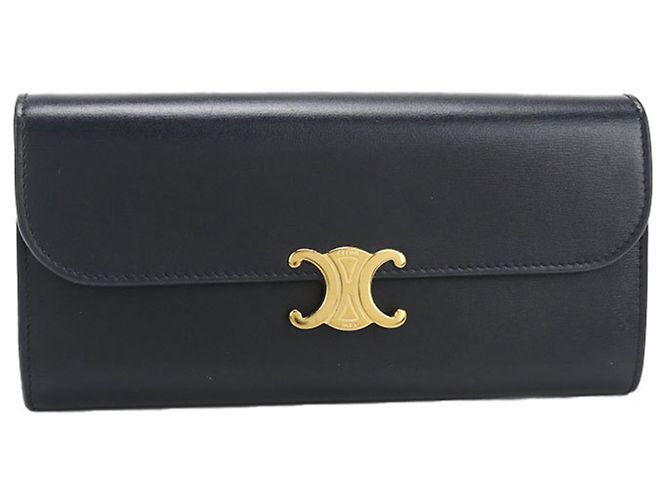 Céline Cartera Larga Celine (doble) en piel de ternera negra Negro