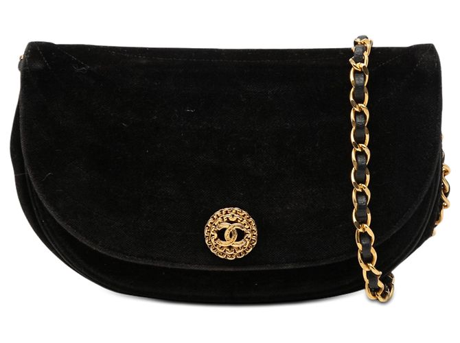 Chanel Nero CC Velluto Trapuntato Borsa Mezza Luna