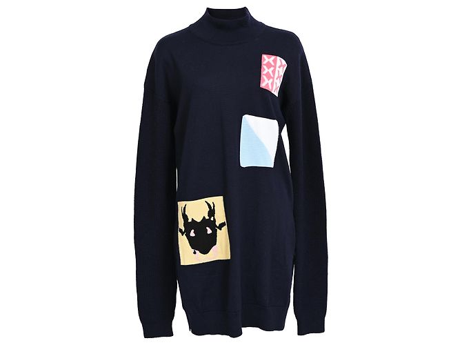 Suéter de gola alta em lã azul marinho com patch de crochê Jw Anderson