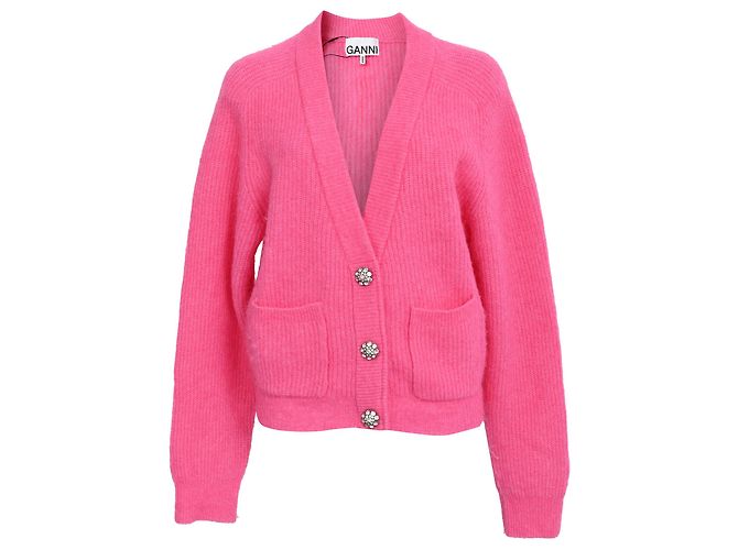 Ganni Strickjacke aus rosa Wolle mit Kristallknöpfen Pink