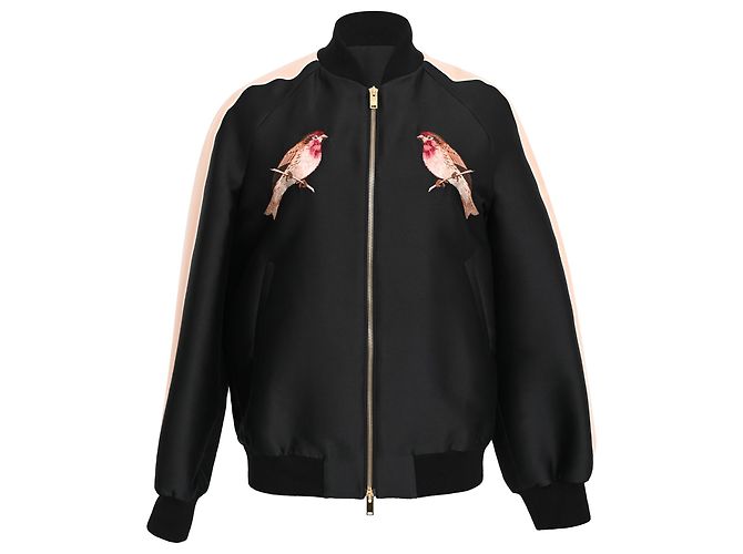 Stella Mc Cartney Chaqueta Bomber Bordada con Pájaros en Algodón Negro Stella McCartney