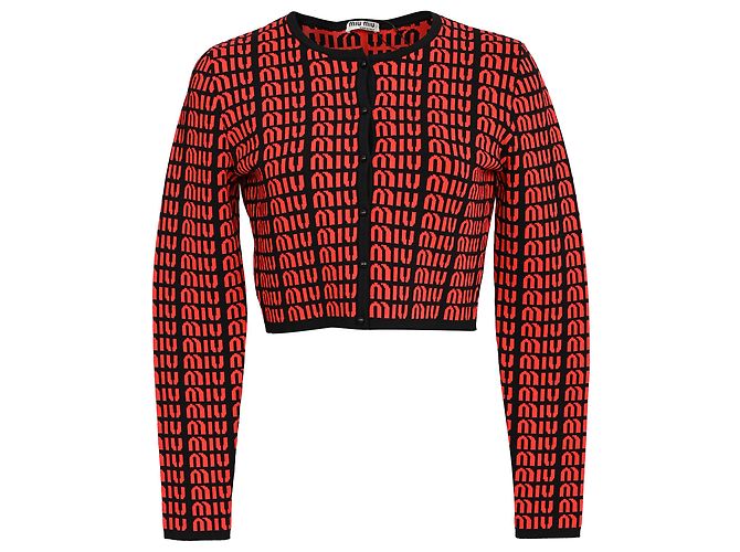 Cardigan cropped Miu Miu com logo em vermelho e preto em rayon