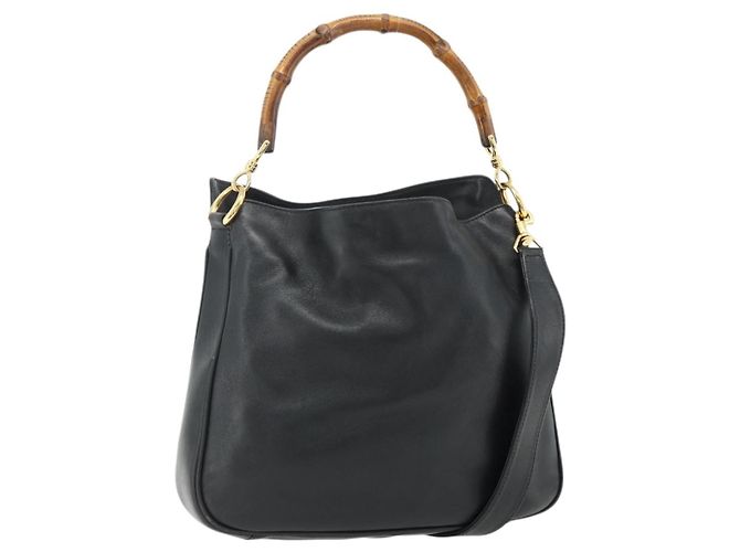 Borsa a Spalla in Pelle Gucci Bamboo 2way Nera Oro Auth 175954 Nero D'oro