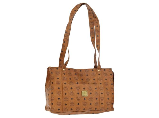 Bolsa Tote Vicetos Logogram MCM em couro PVC marrom dourado Auth BA12112