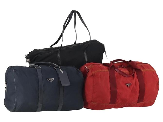 Borsa Boston PRADA in nylon 3 pezzi Rosso Nero Auth 174960