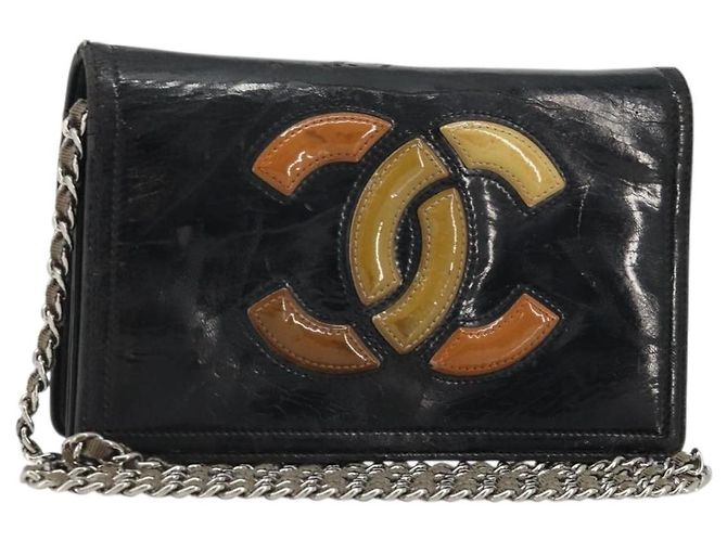 CHANEL COCO Bolsa de Ombro Mark Chain Couro Sintético Preto Prata CC Auth 175799