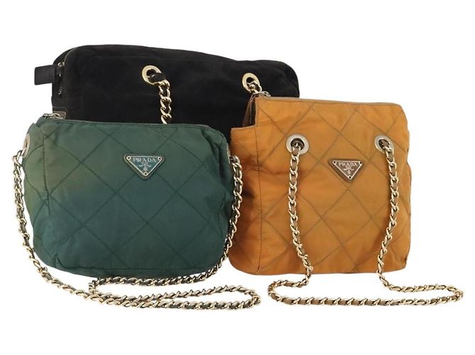 PRADA Borsa a Spalla con Catena Nylon 3 Set Beige Nero Verde Auth 174962