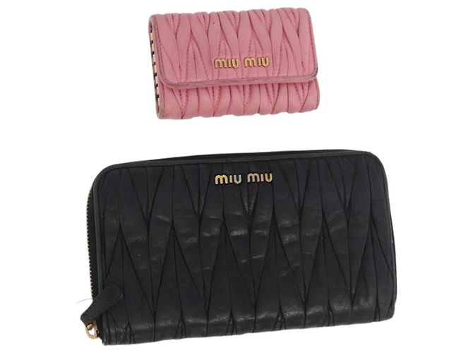 Billetera de cuero Miu Miu Matelassé 2 piezas Negro Rosa Auth ti3907