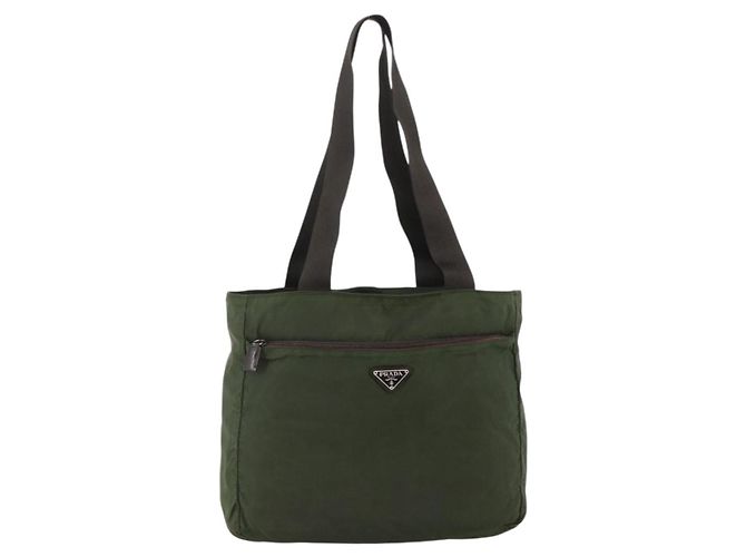 Borsa Tote PRADA in nylon khaki argento autentica YKZ1160 Cachi
