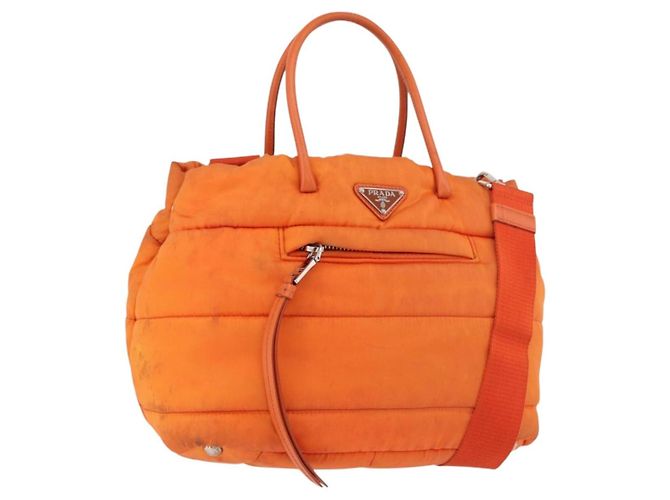PRADA Borsa a Mano Nylon 2 vie Arancione Argento Auth ka3919