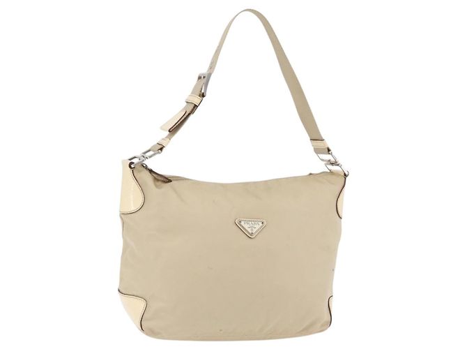 PRADA Schultertasche Nylon Beige Silber Authentisch ka4019
