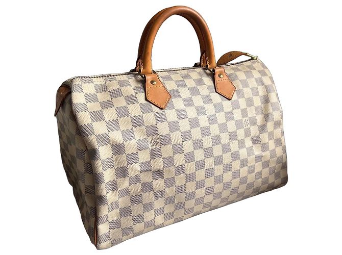 Louis Vuitton Speedy 35 Damier Azur Bolsa Marrom Creme Fora de branco Gold hardware