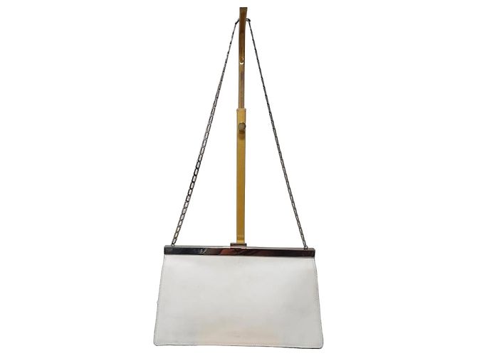 Céline Bolsa de ombro média com fecho em couro de bezerro liso Off-White