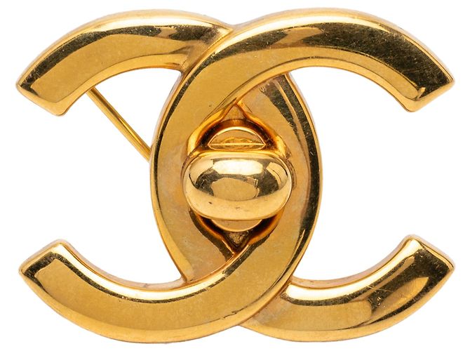 Chanel Gold CC Gold Plated Turn Lock Brosche Golden