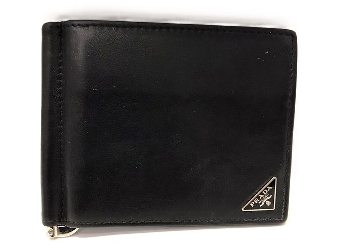 Billetera bi-fold de cuero con clip para dinero de Prada Negro