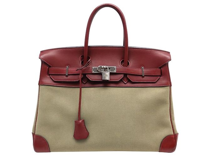Hermès BOLSA HERMES BIRKIN 35 CANVAS BEGE E COURO SWIFT VERMELHO 2007
