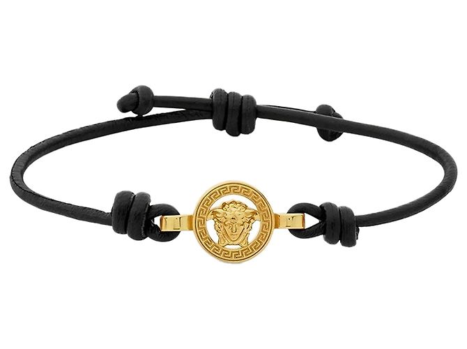 Versace Pulseira de couro preto e dourado