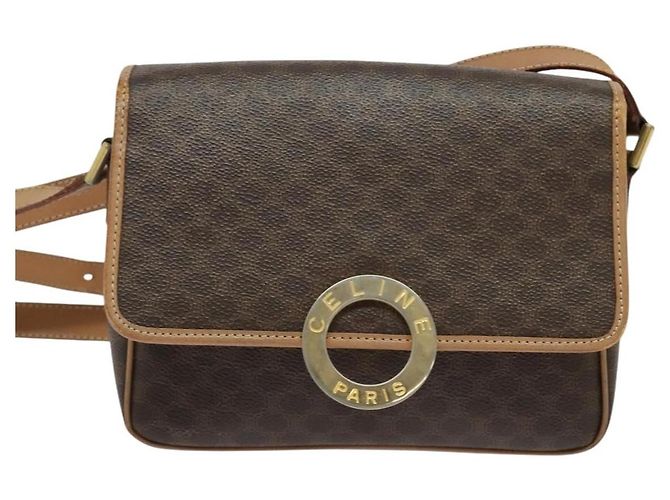 Céline Celine Vintage Macadam Circle Logo Canvas and Leather Marron
