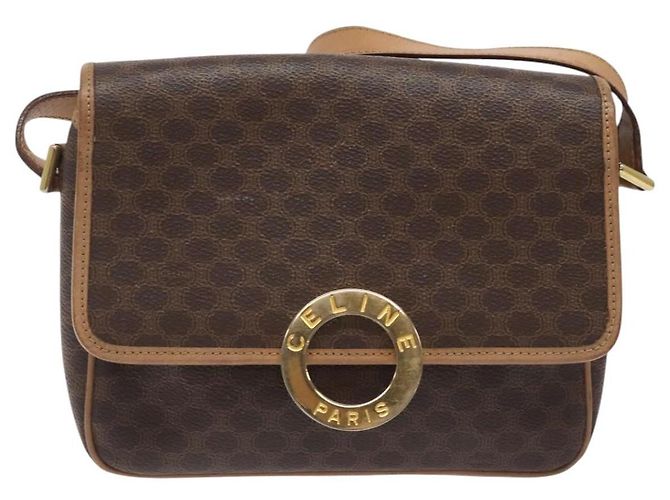 Céline Celine Vintage Macadam Circle Logo Canvas and Leather Marron