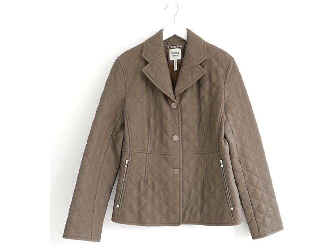 Jaqueta de couro de cervo Equestre Hermès acolchoada taupe
