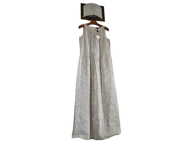 Weekend Max Mara Gestreiftes langes Kleid aus Seide und Leinen Weiß Dunkelblau