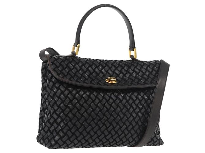 BALLY Bolso de Mano de Cuero 2 vías Negro Oro Auth YKZ1223 Dorado