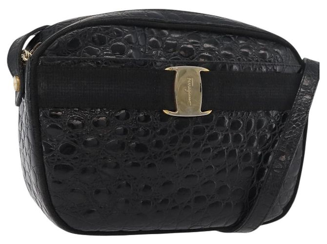 Bolso de Hombro Vala de Cuero Negro y Dorado Salvatore Ferragamo Auth ka4001