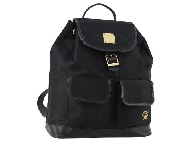 MCM Vicetos Logogram Backpack Canvas Black Gold Auth INZ047 Golden