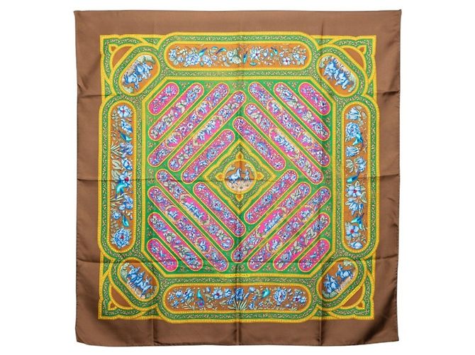 Sciarpa Hermès Carre 90 QALAMDAN Marrone Multicolore