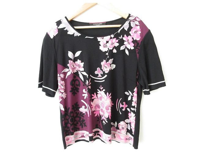 LEONARD Floral Stretch Top Schwarz Pink