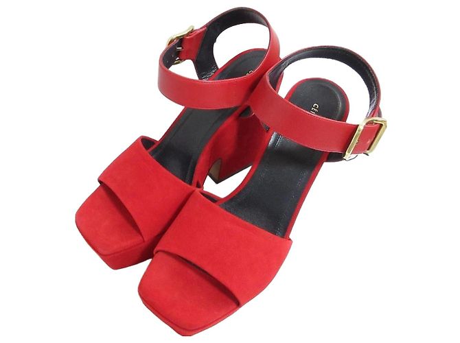 Céline Celine Suede Chunky Heel Sandals Red