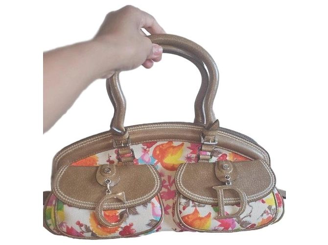 Bolsa Dior em lona impressa e couro Marrom Multicor