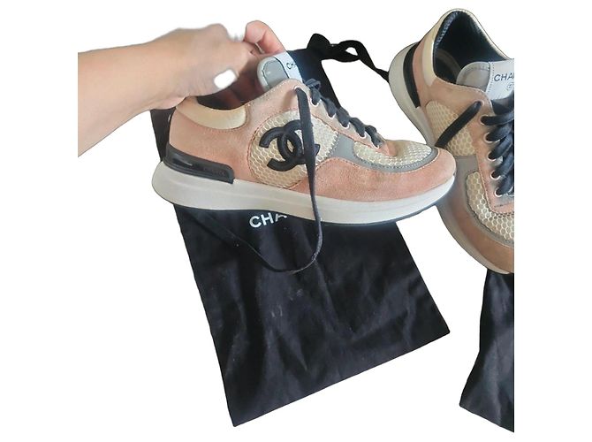 Tênis Chanel de Couro e Tecido Rosa Preto Branco Cinza