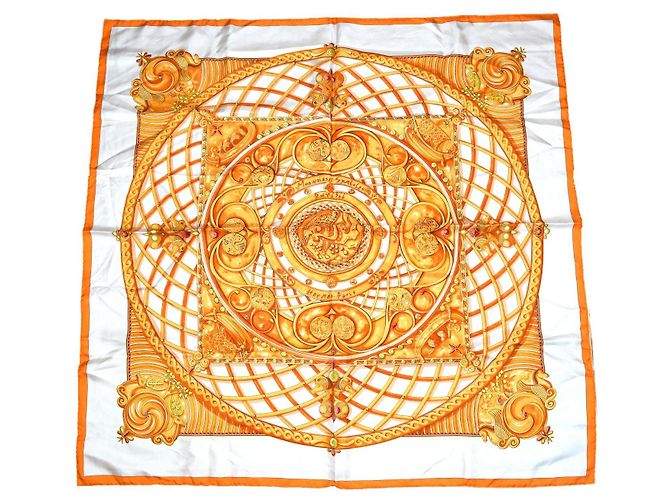 Sciarpa Hermès Monete E Simboli Dei Parisii 90 cm Sete Arancione RAK